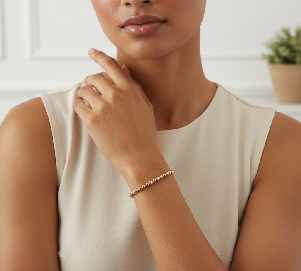 18K Solid Rose Gold Beaded Stretch Bracelet