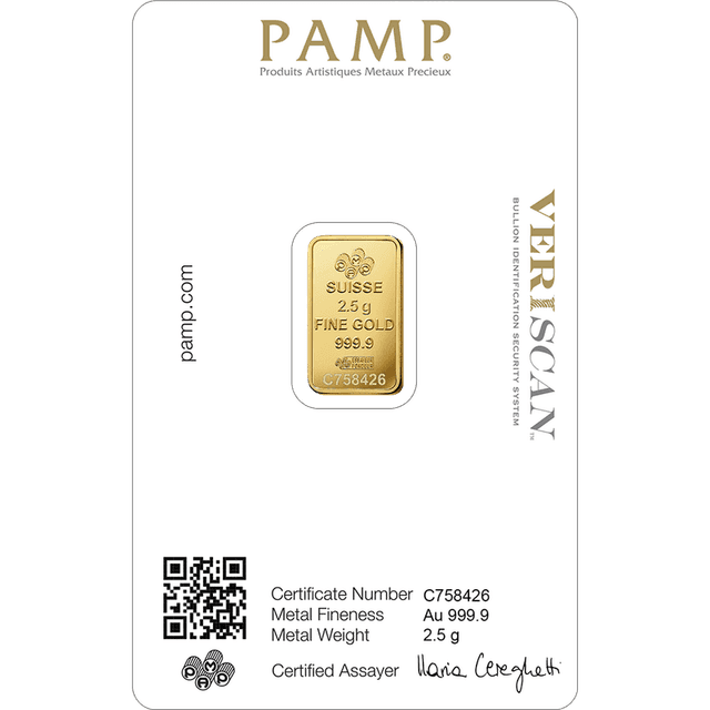 PAMP Suisse 2.5g Lady Fortuna Gold Bar – .9999 Pure Gold (In Assay)