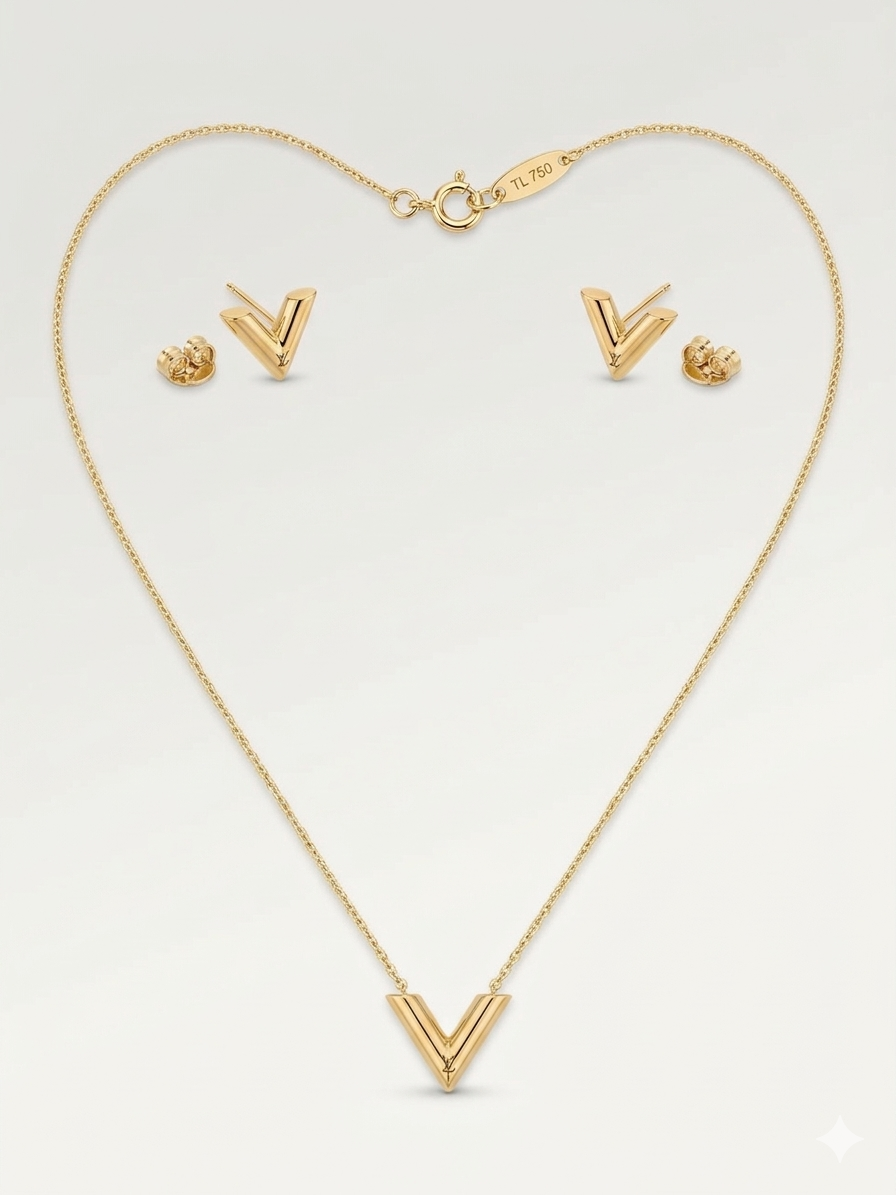 18k Yellow Gold Essential V Pendant Necklace & Stud Earrings Set