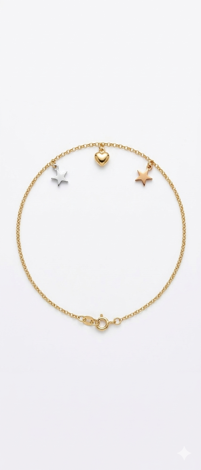 18ct Yellow Gold Star & Heart Charm Anklet
