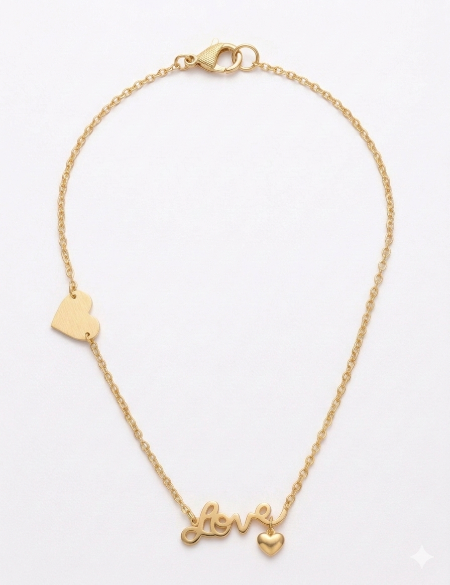 18K Yellow Gold "Love" Script & Heart Station Necklace