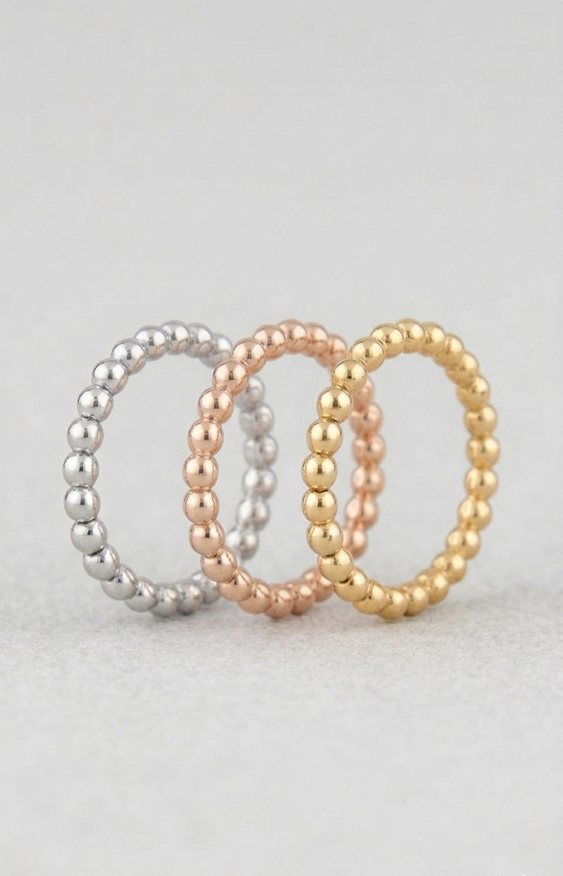 18K Solid Gold Triple-Tone Beaded Stackable Rings.