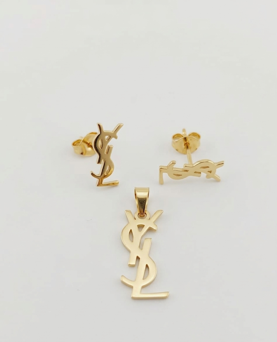 18k Yellow Gold YSL-Inspired Pendant & Stud Earring Set