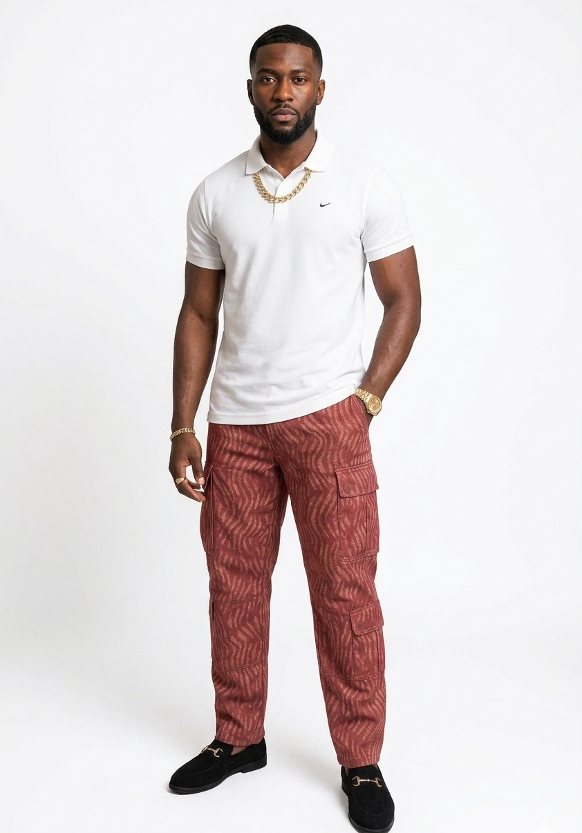 Unisex Adire Print Wavy Cord Combat Cargo Trousers – Full Elastic Waist