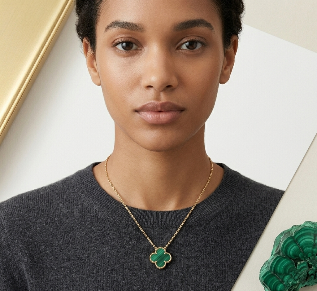 18k Yellow Gold Malachite Clover Necklace