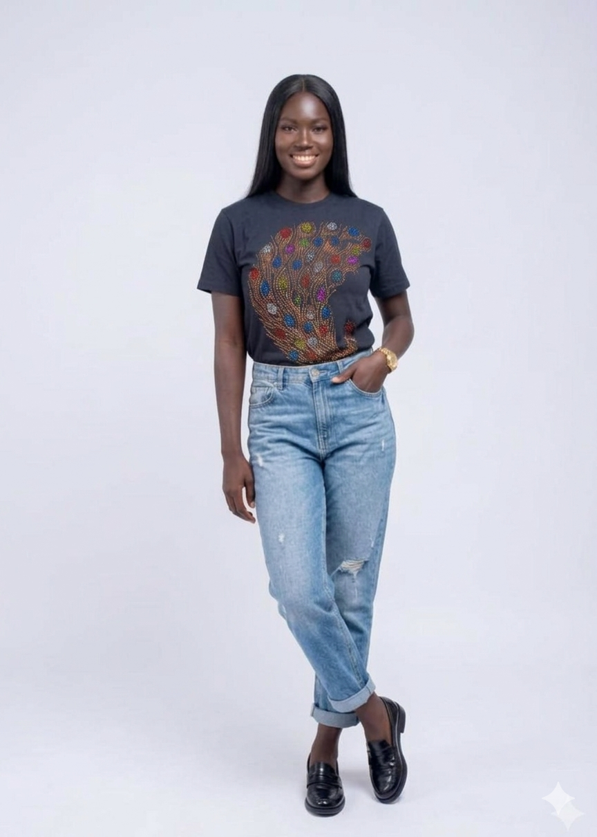 Radiant Rhinestone Peacock Bling T-Shirt – High-Stretch Performance Cotton