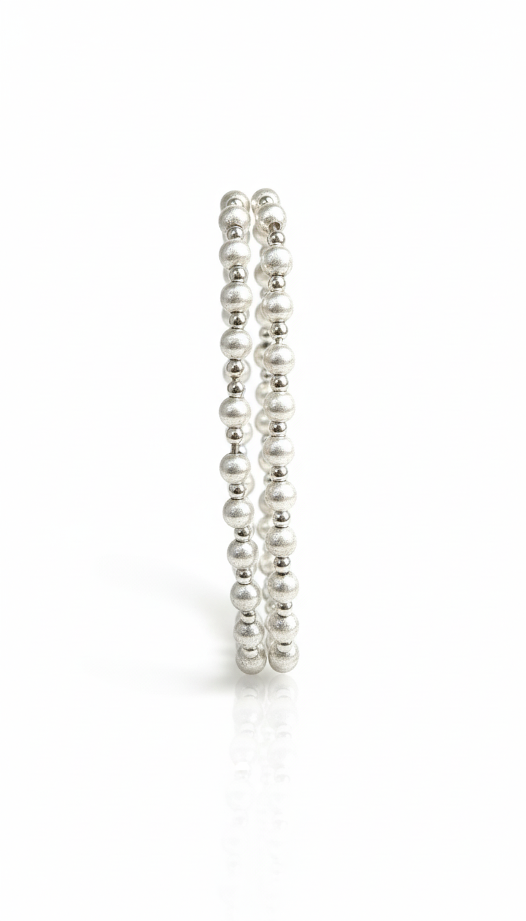 18K Solid White Gold Frosted Beaded Stretch Bracelet