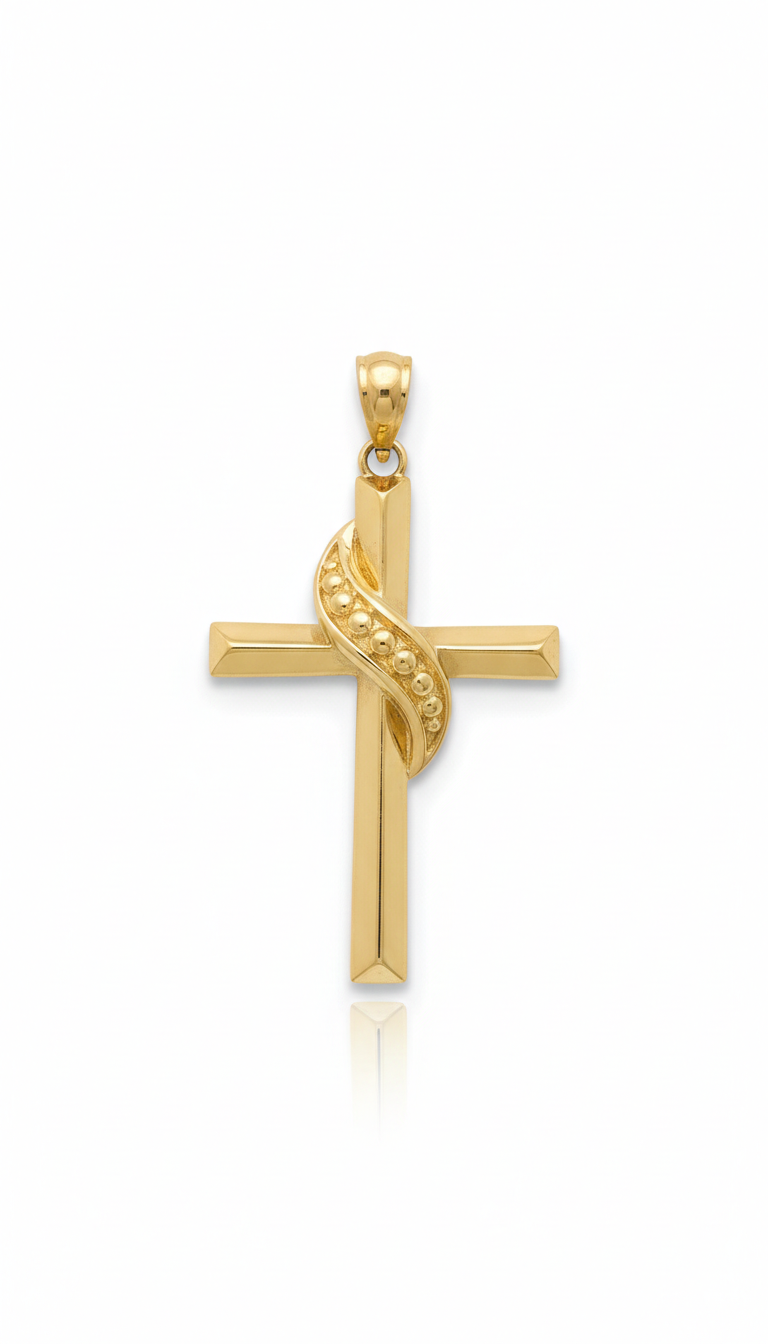 18K Solid Gold Ribbon Cross Pendant (No Chain)