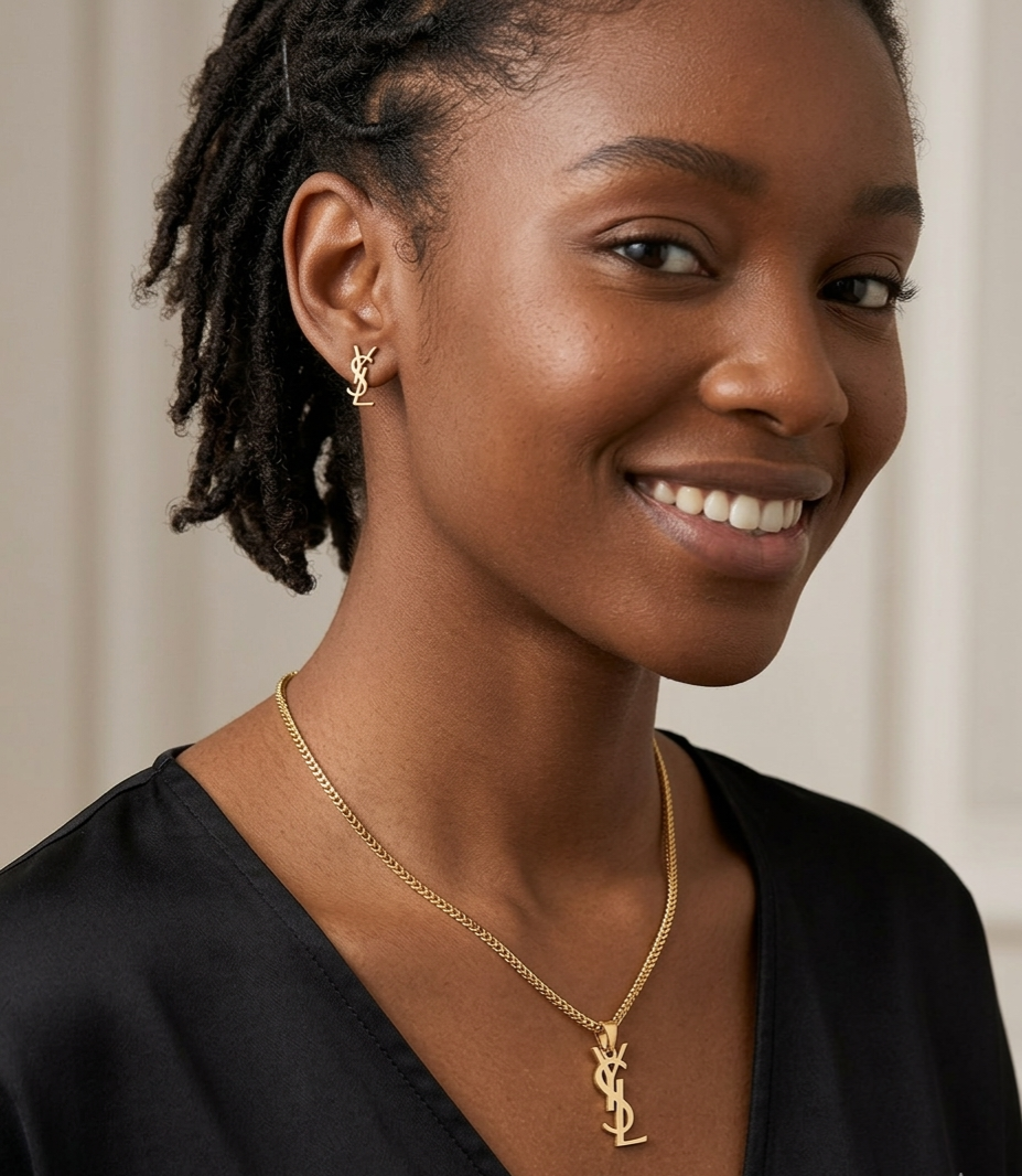 18k Yellow Gold YSL-Inspired Pendant & Stud Earring Set