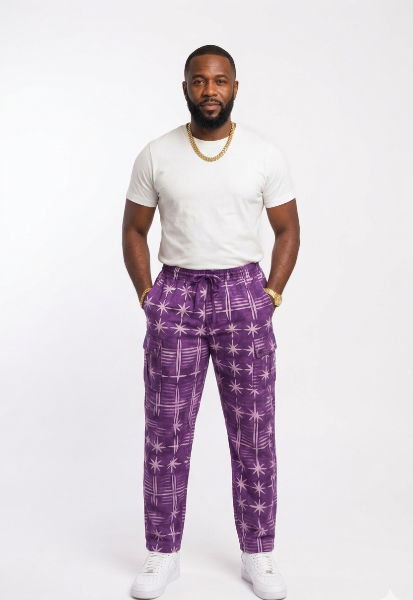 Hand-Dyed Adire Cargo Combat Trousers – Royal Purple & White