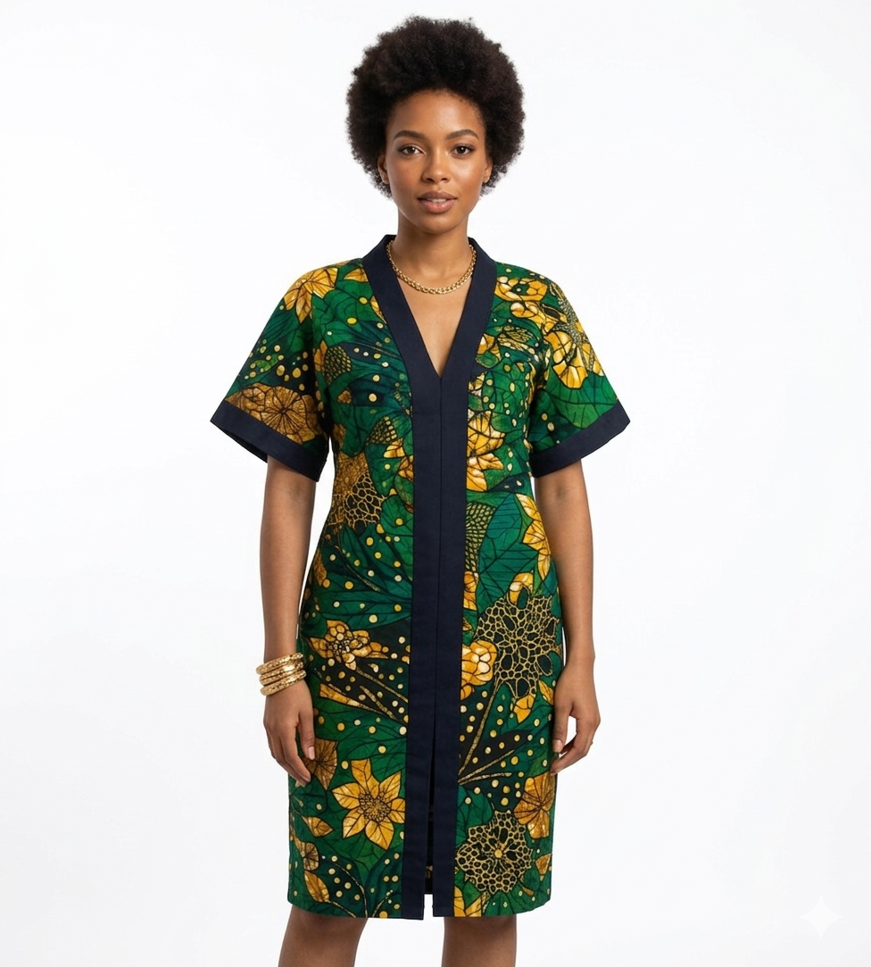 Tropical Bloom V-Neck Shift Dress in Ankara Print
