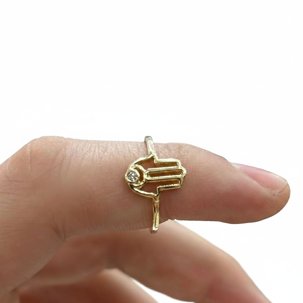 18K Solid Gold Hamsa Hand Diamond Accent Ring