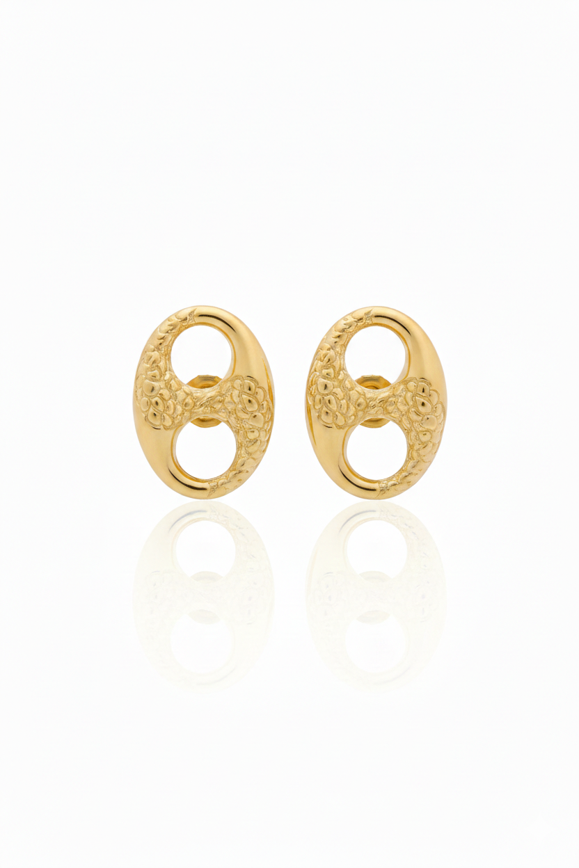 18K Solid Gold Textured Mariner Link Stud Earrings