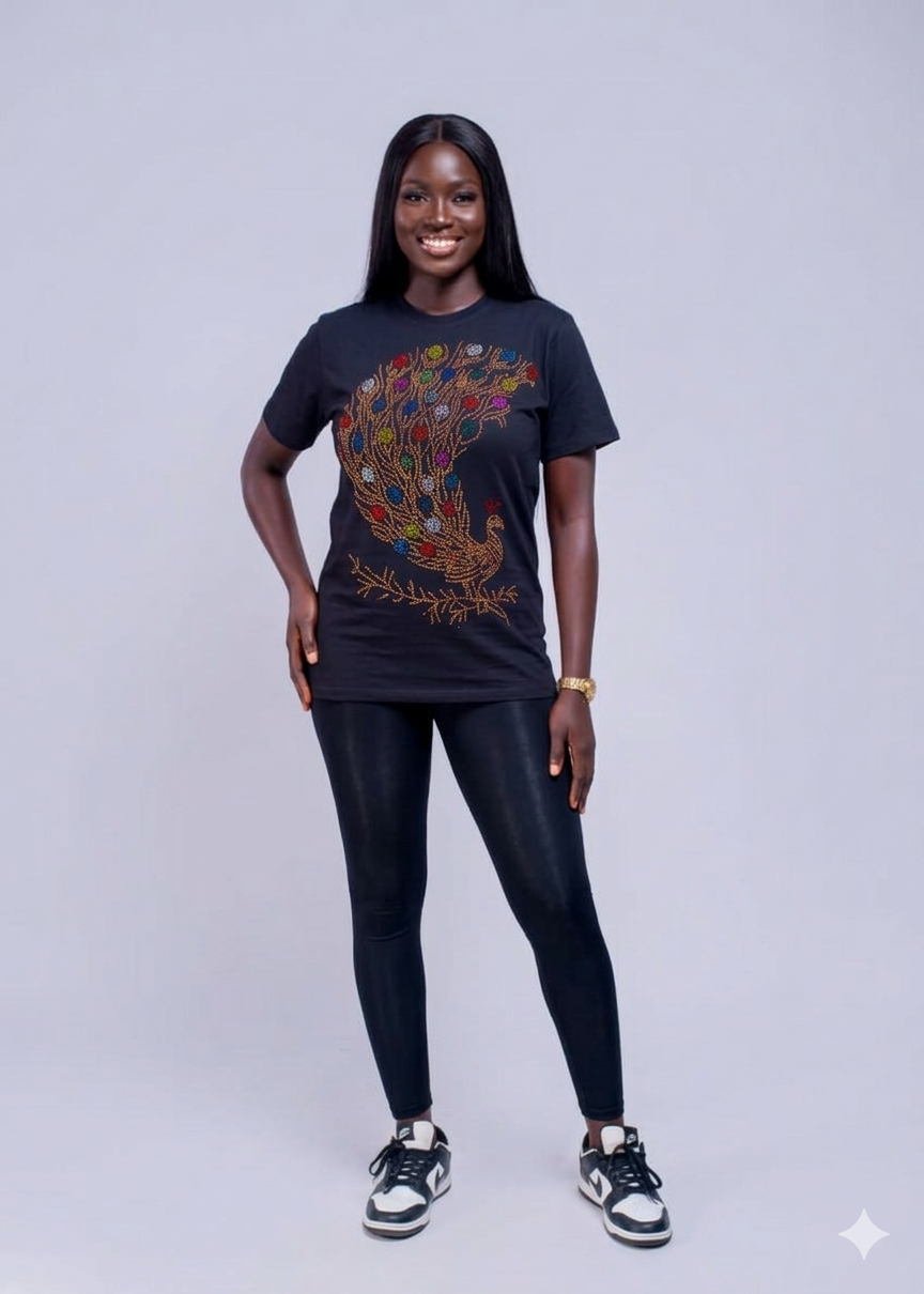 Radiant Rhinestone Peacock Bling T-Shirt – High-Stretch Performance Cotton