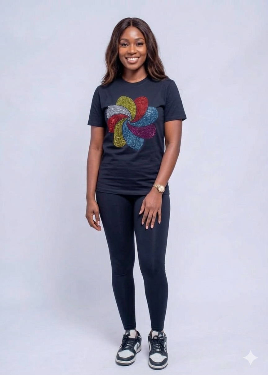 Kaleidoscope Pinwheel Rhinestone Bling T-Shirt – Ultra-Stretch Cotton