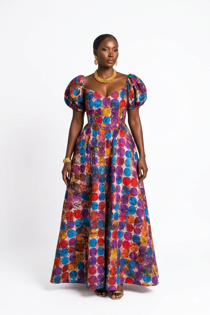 Adire Polka-Dot Puff Sleeve Maxi Gown – Hand-Stoned Luxury