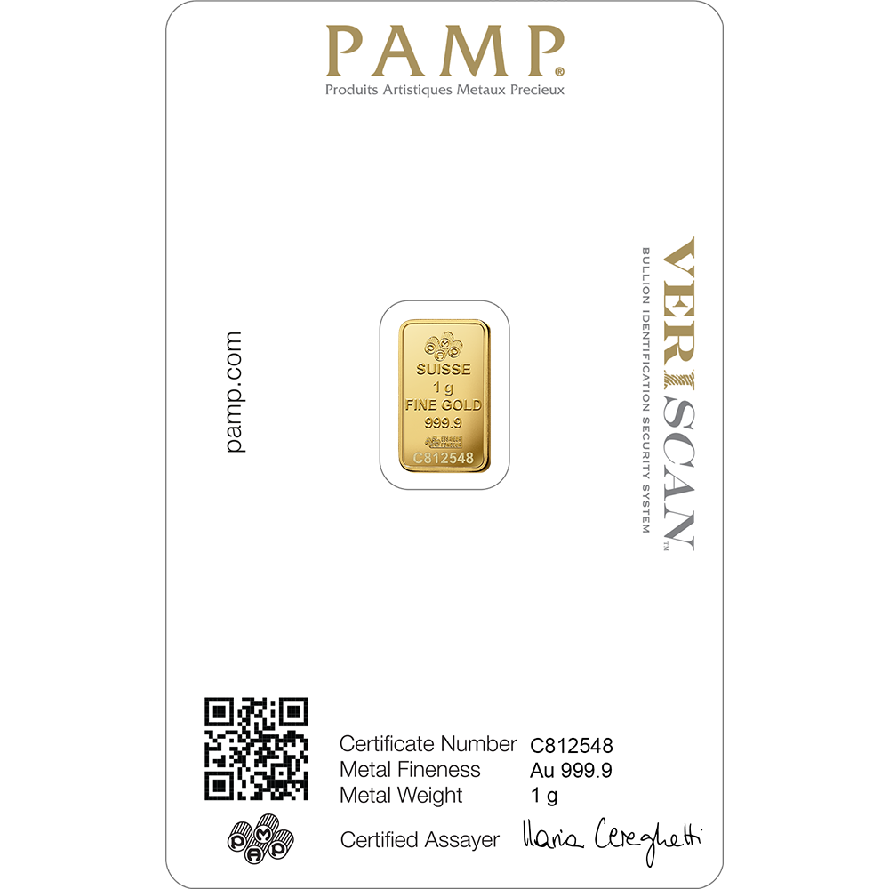 PAMP Suisse 1g Lady Fortuna Gold Bar – .9999 Pure Gold (In Assay)