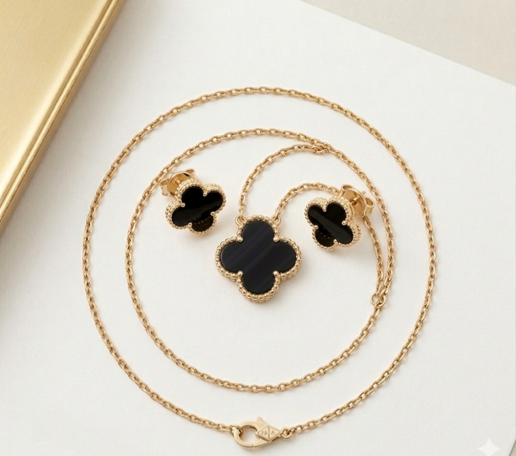 18k Yellow Gold Black Onyx Clover Jewelry Set – 16" Necklace & Matching Earrings