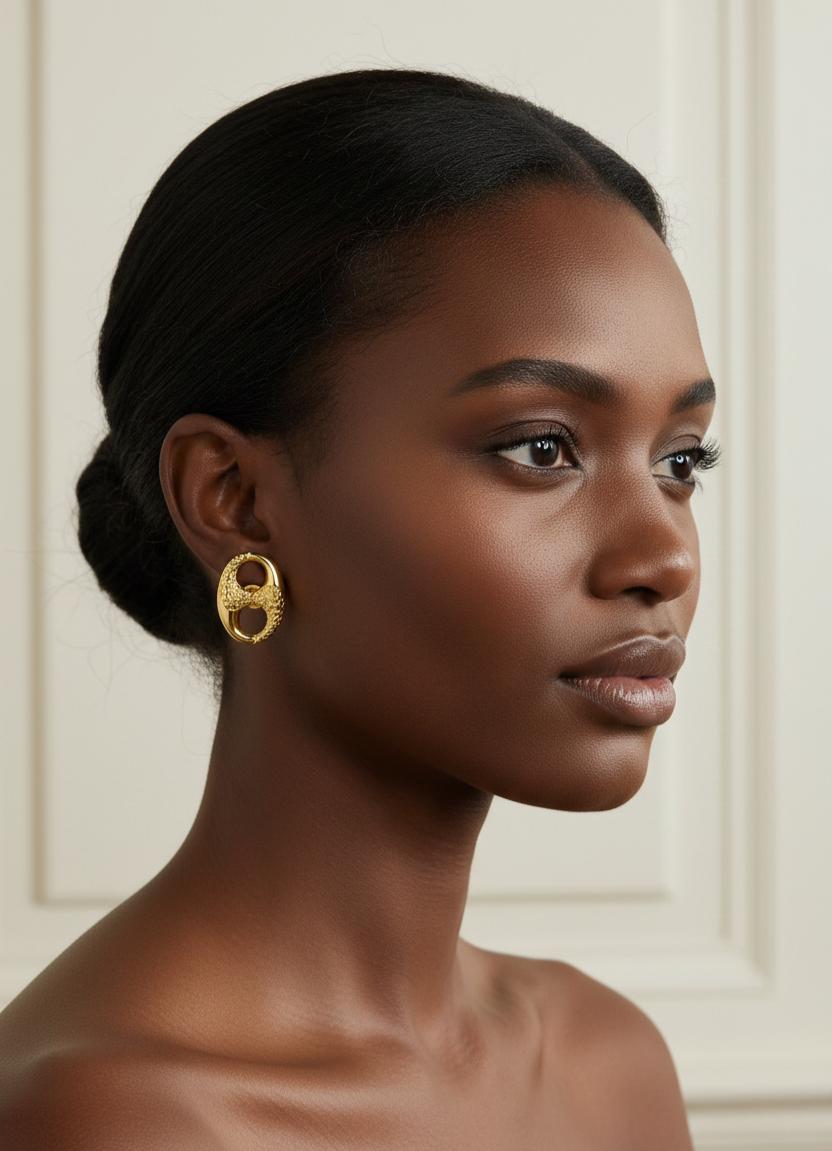 18K Solid Gold Textured Mariner Link Stud Earrings