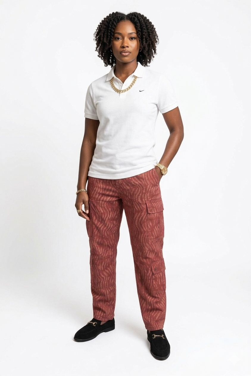 Unisex Adire Print Wavy Cord Combat Cargo Trousers – Full Elastic Waist