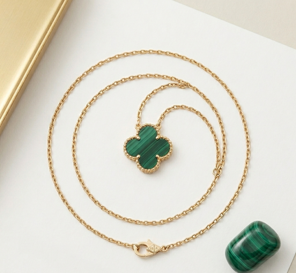 18k Yellow Gold Malachite Clover Necklace