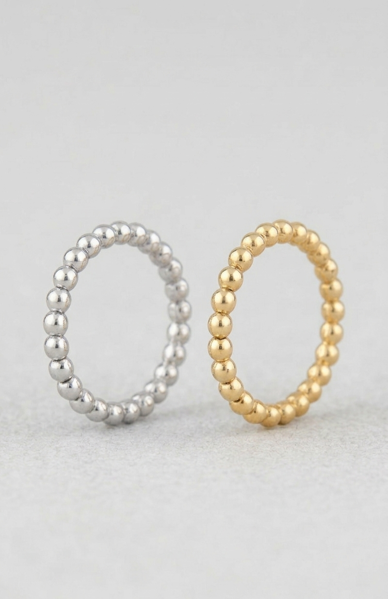 18K Solid Gold Triple-Tone Beaded Stackable Rings.
