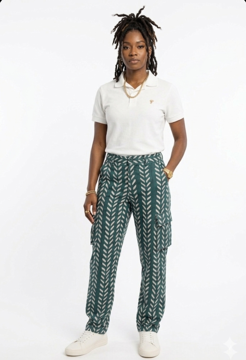 Unisex Adire & Geometric Print Cargo Trousers | Full Elastic Waist