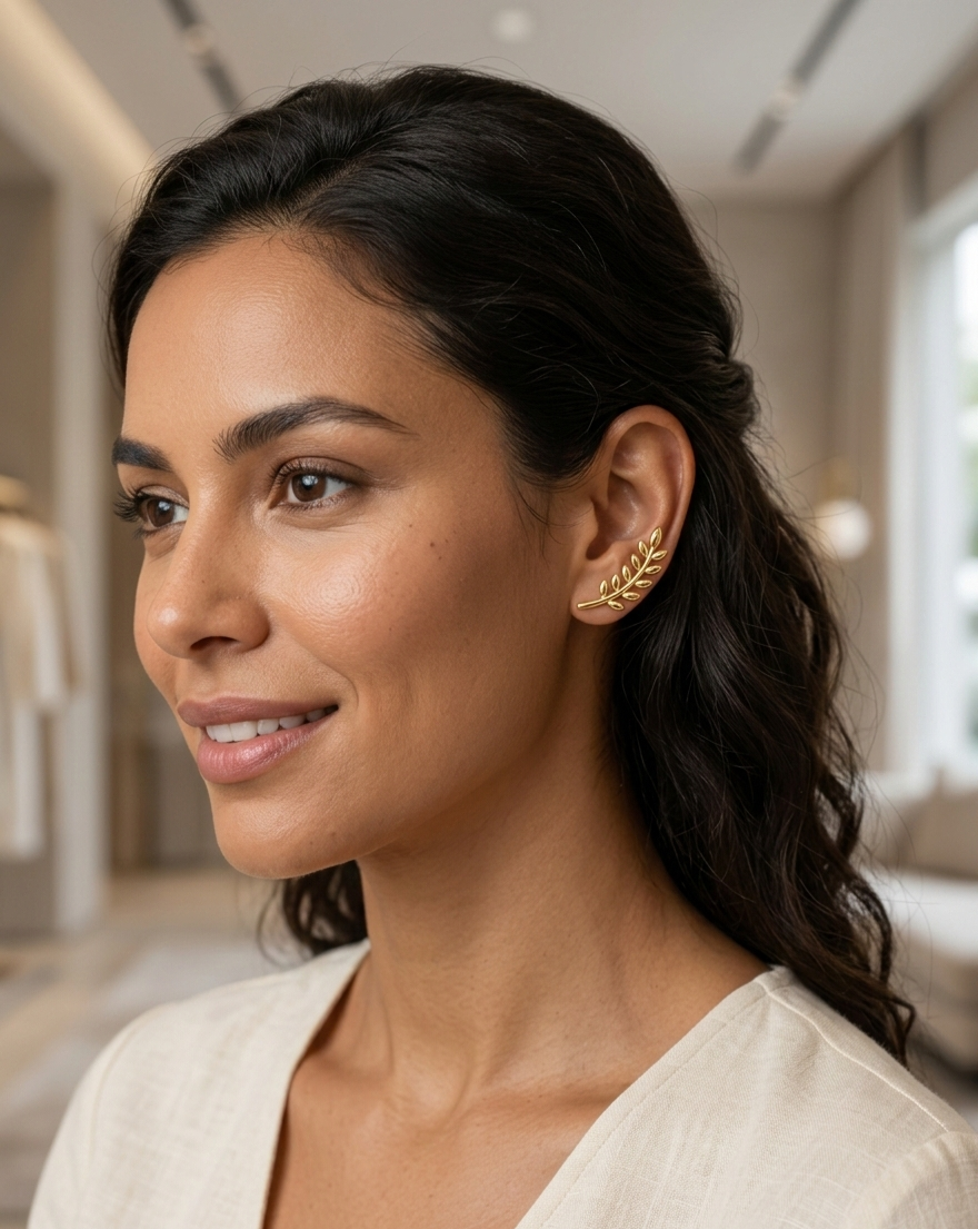 18ct Olive Leaf Climber Earrings