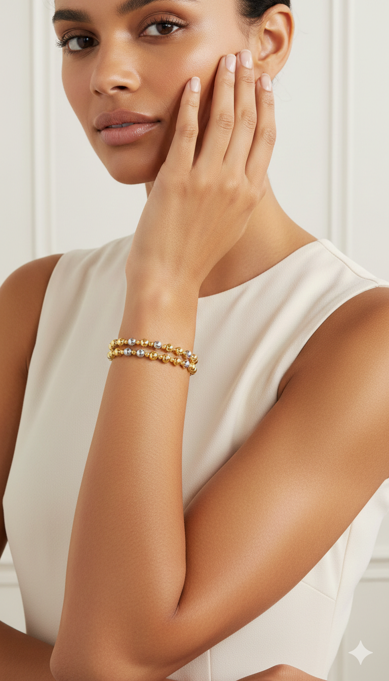 18K Solid Two-Tone Gold Beaded Stretch Bracelet