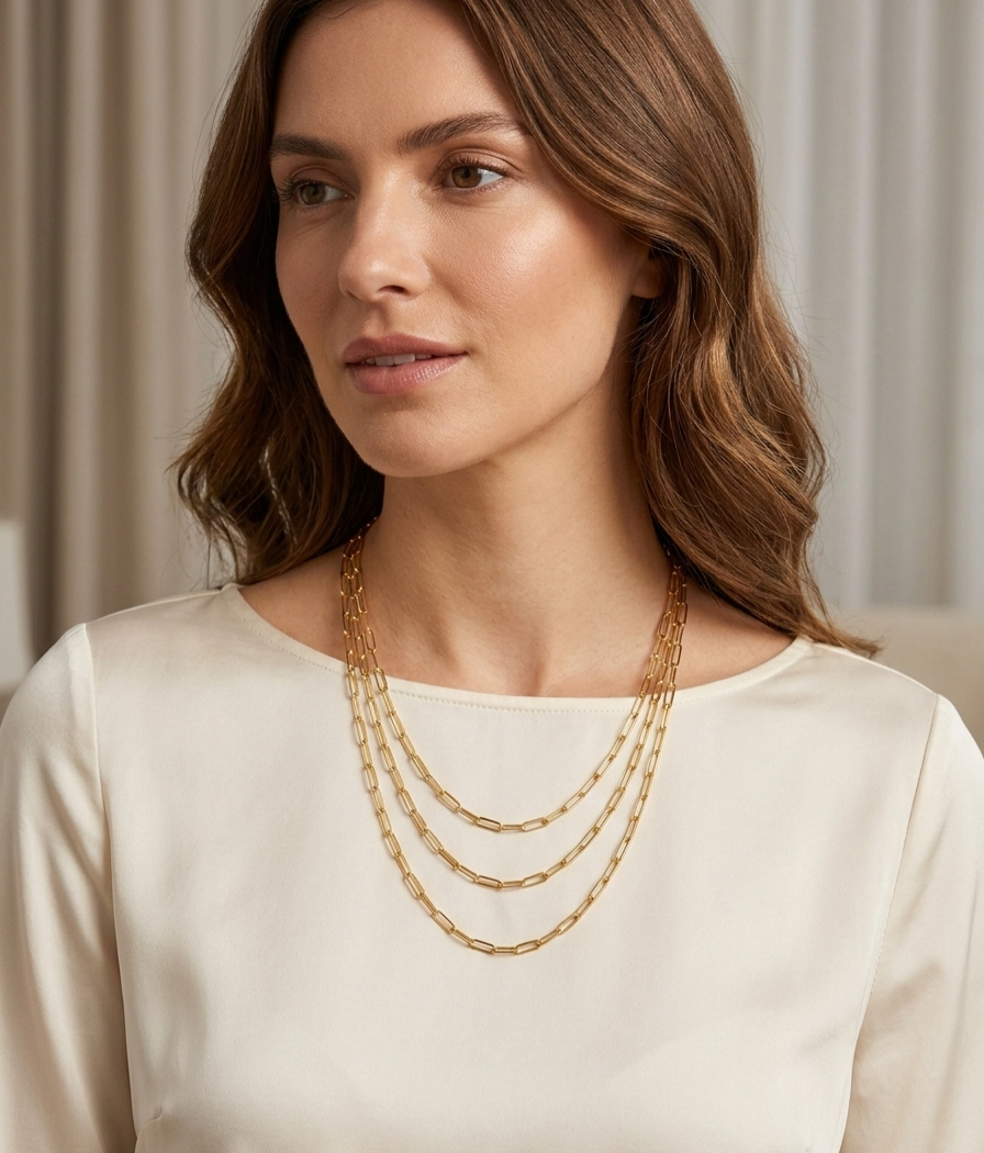 18ct Gold Triple Layer Paperclip Chain Necklace