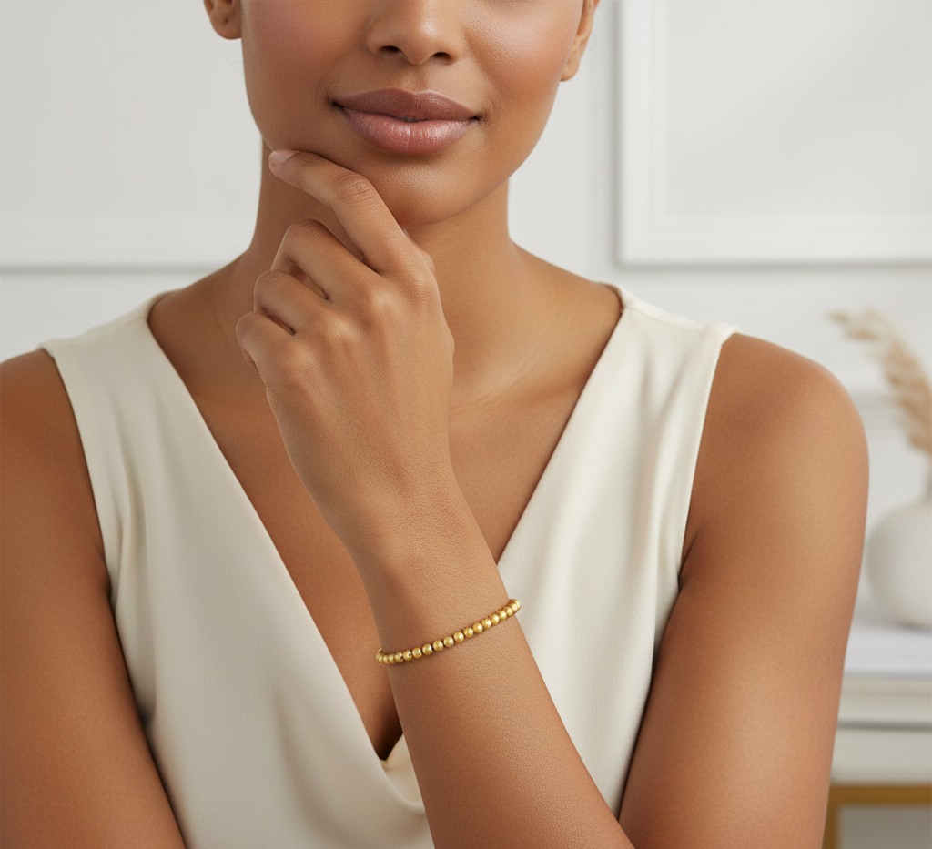 18K Solid Yellow Gold Beaded Stretch Bracelet