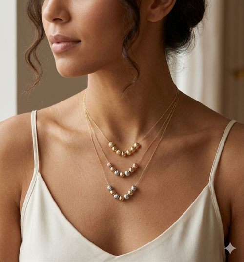 18K Gold Bead Station Necklace - Yellow & Tri-Tone Gold