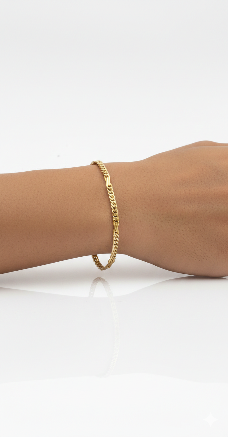 18K Solid Gold Unisex Figaro Link Bracelet