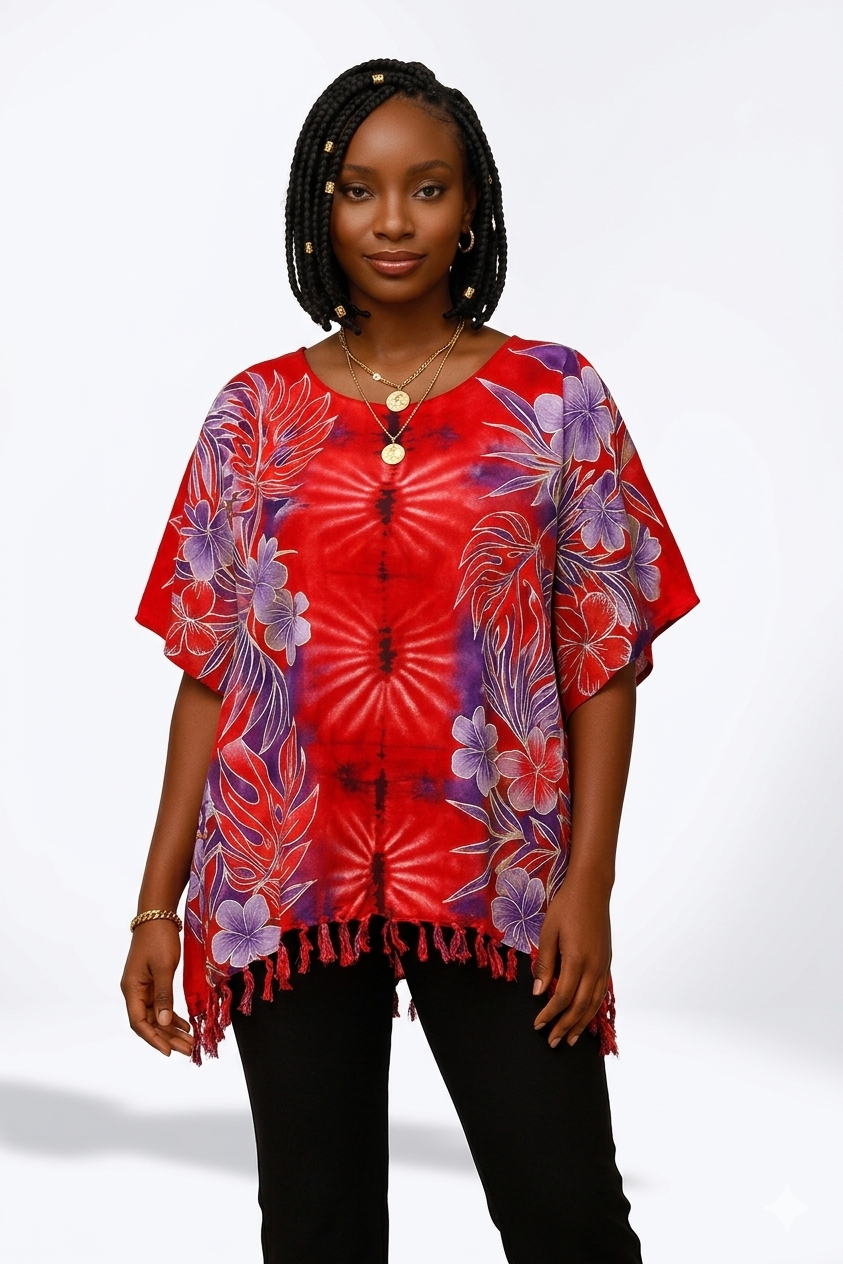 Tropical Sunburst Tie-Dye Fringe Poncho Top