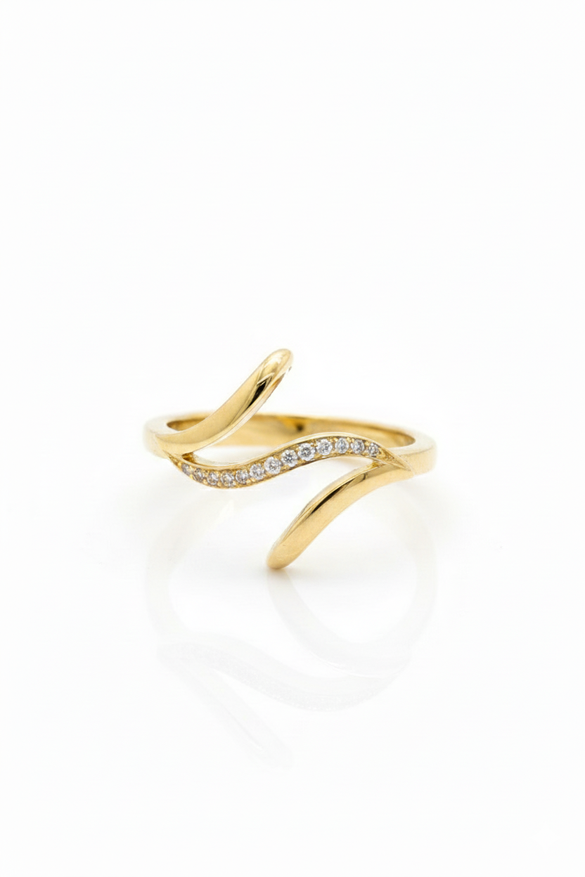 18K Solid Gold Wave Bypass Diamond Accent Ring