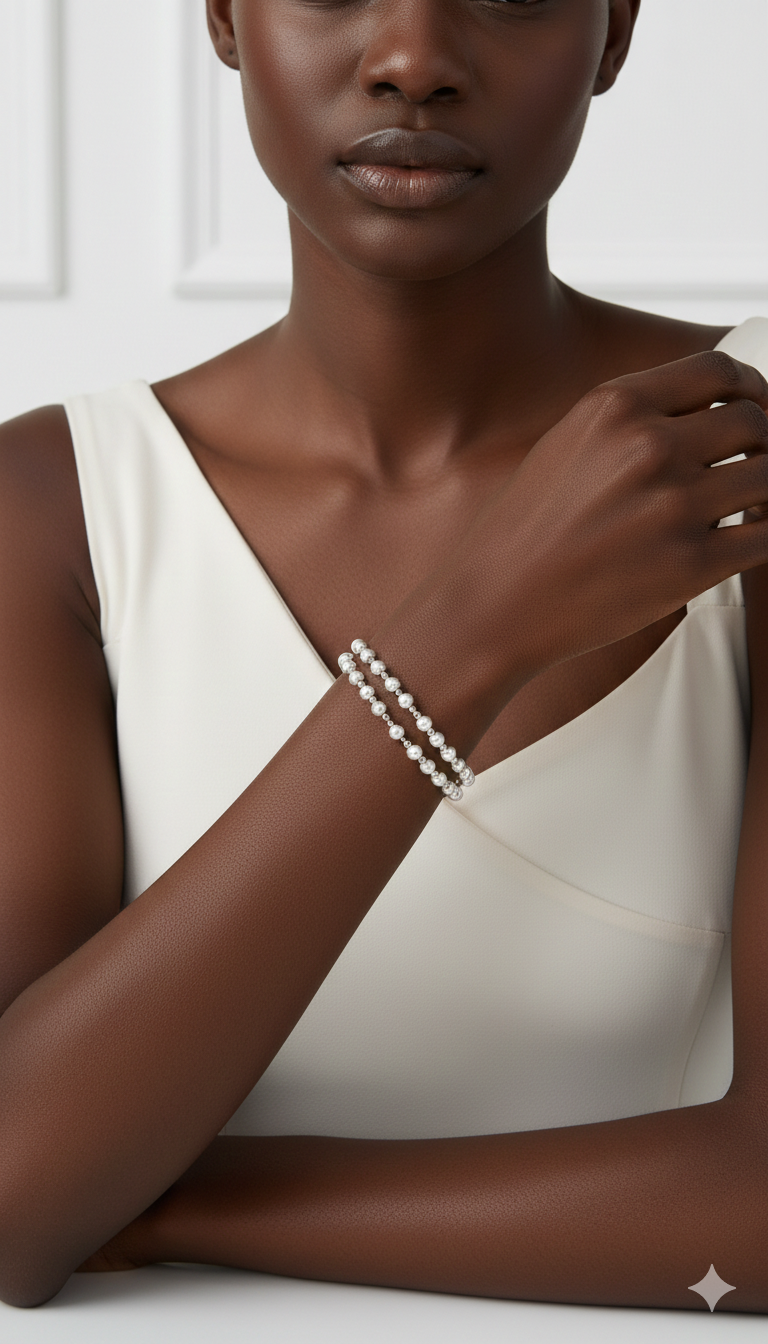 18K Solid White Gold Frosted Beaded Stretch Bracelet