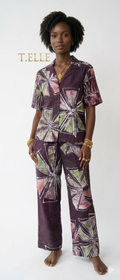 Plum Geometric Chiffon Adire Co-ord Set – Airy Notch Collar Shirt & Relaxed Leg Trousers