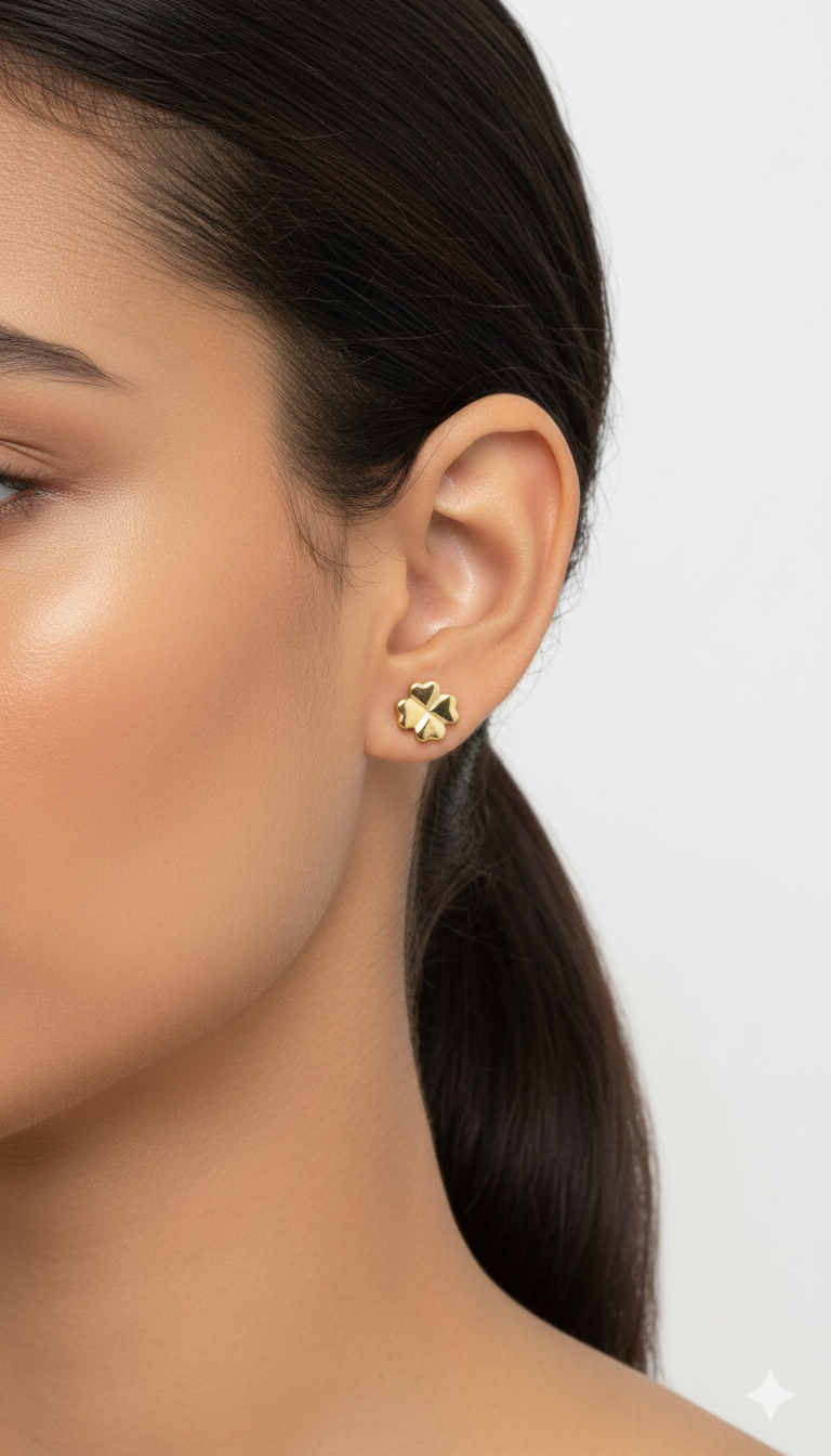 18K Solid Gold Four-Leaf Clover Stud Earrings