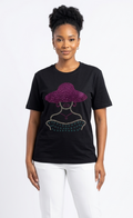 Women's Rhinestone Graphic T-Shirt - Elegant Lady in Hat