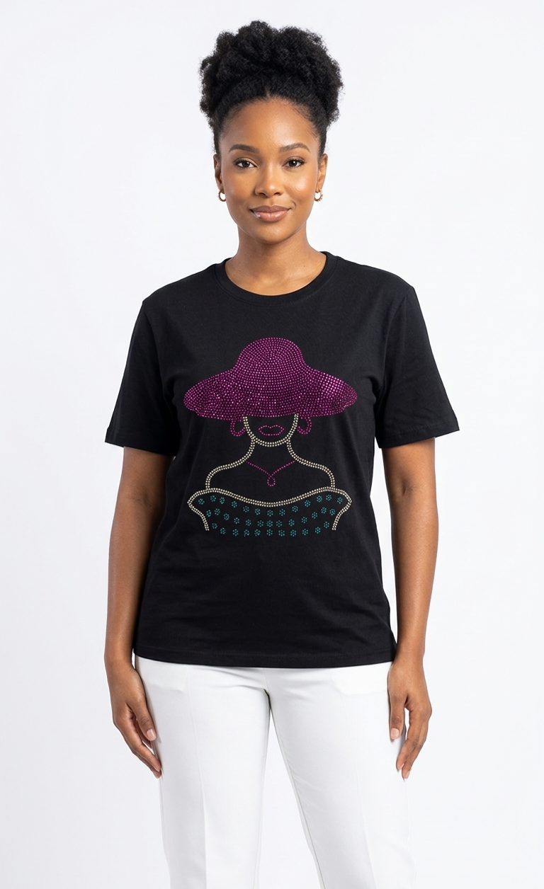 Women's Rhinestone Graphic T-Shirt - Elegant Lady in Hat