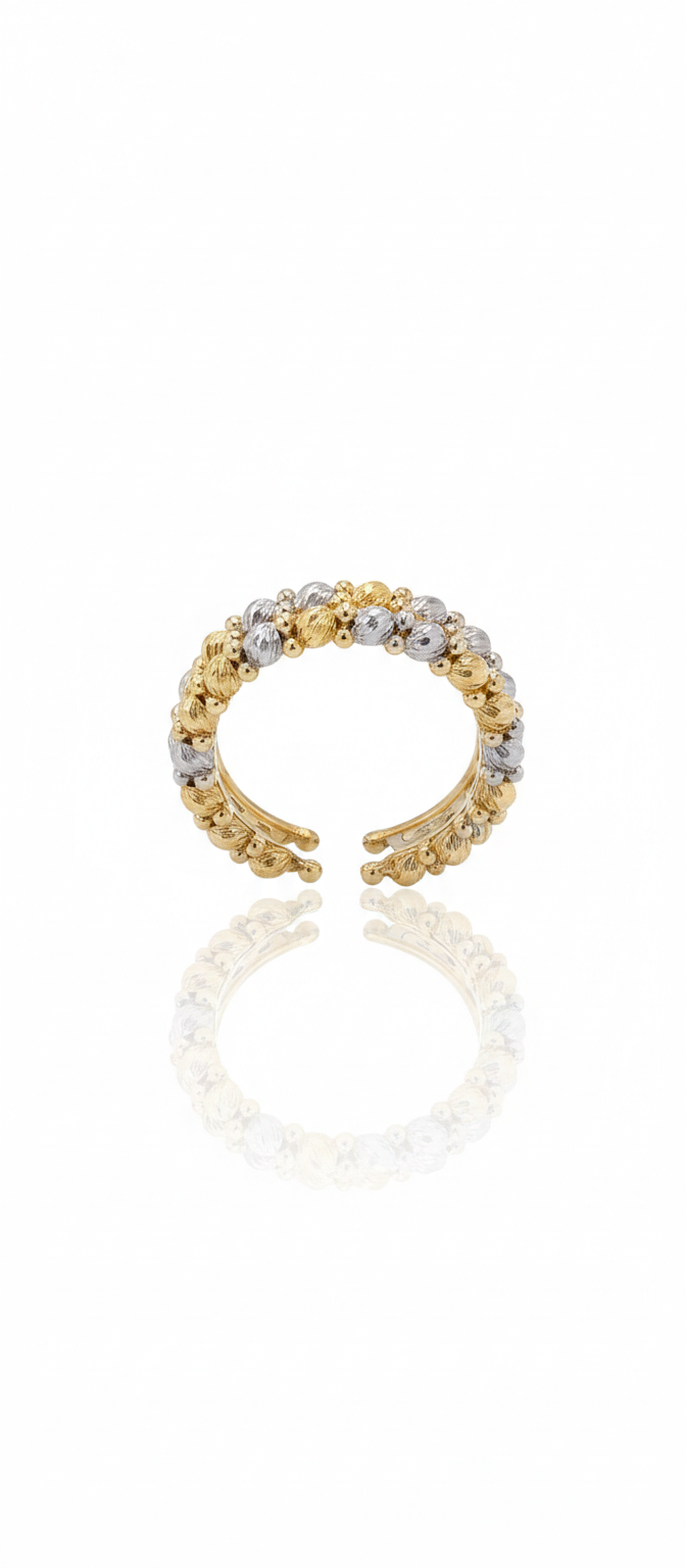 18K Solid Gold Tri-Tone Adjustable Beaded Open Ring
