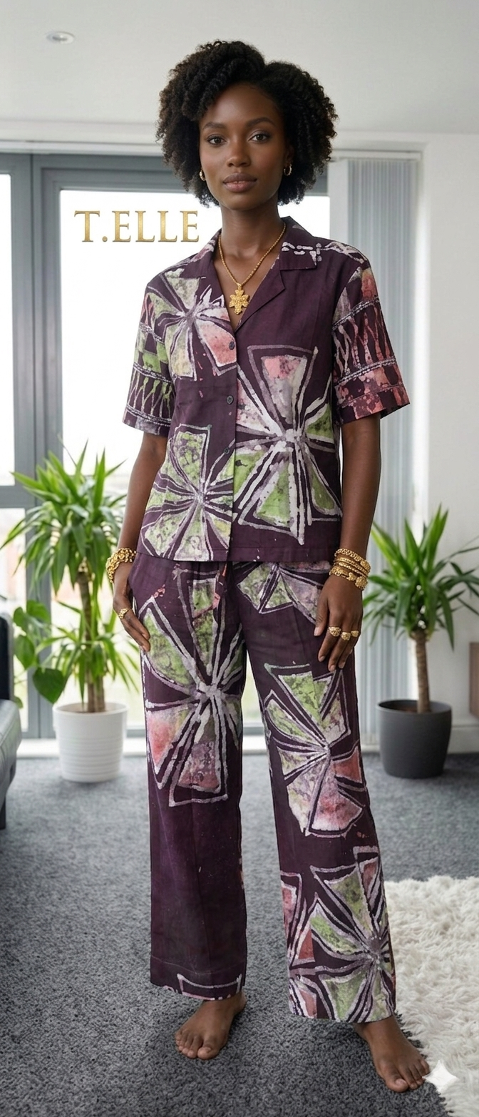 Plum Geometric Chiffon Adire Co-ord Set – Airy Notch Collar Shirt & Relaxed Leg Trousers