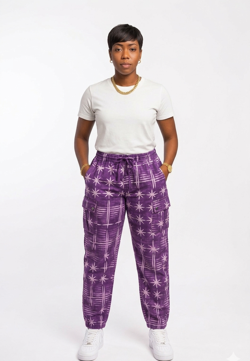 Hand-Dyed Adire Cargo Combat Trousers – Royal Purple & White