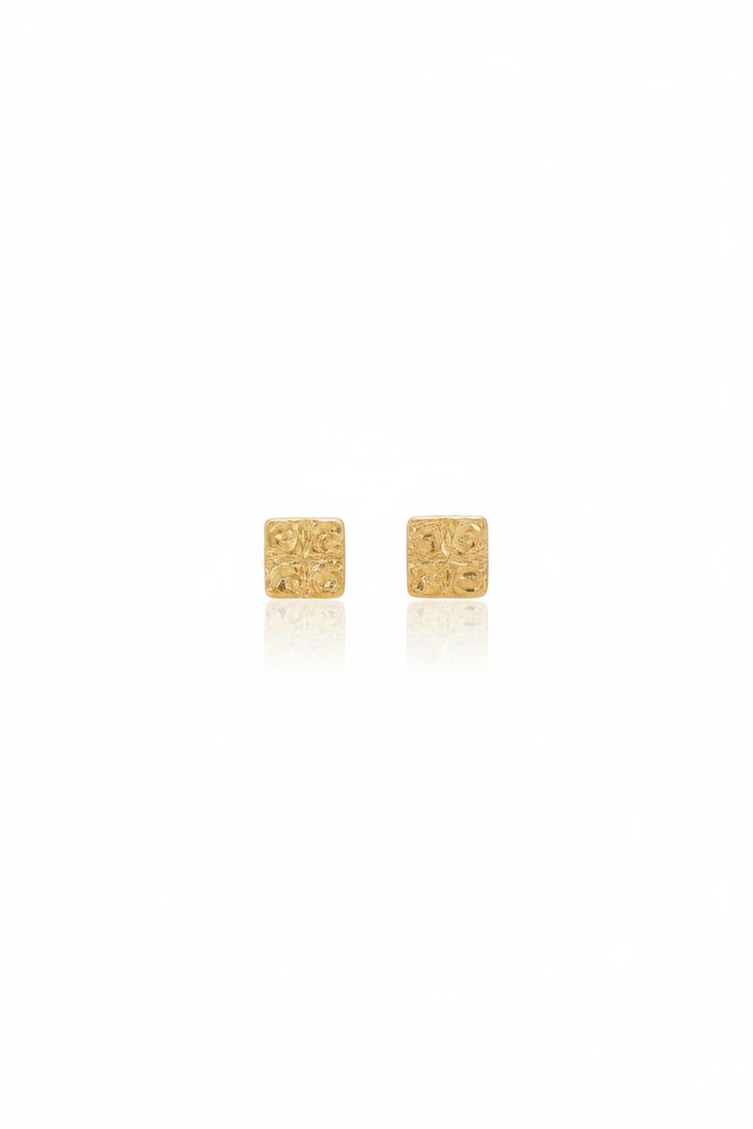 18K Solid Gold Square Hammered Stud Earrings