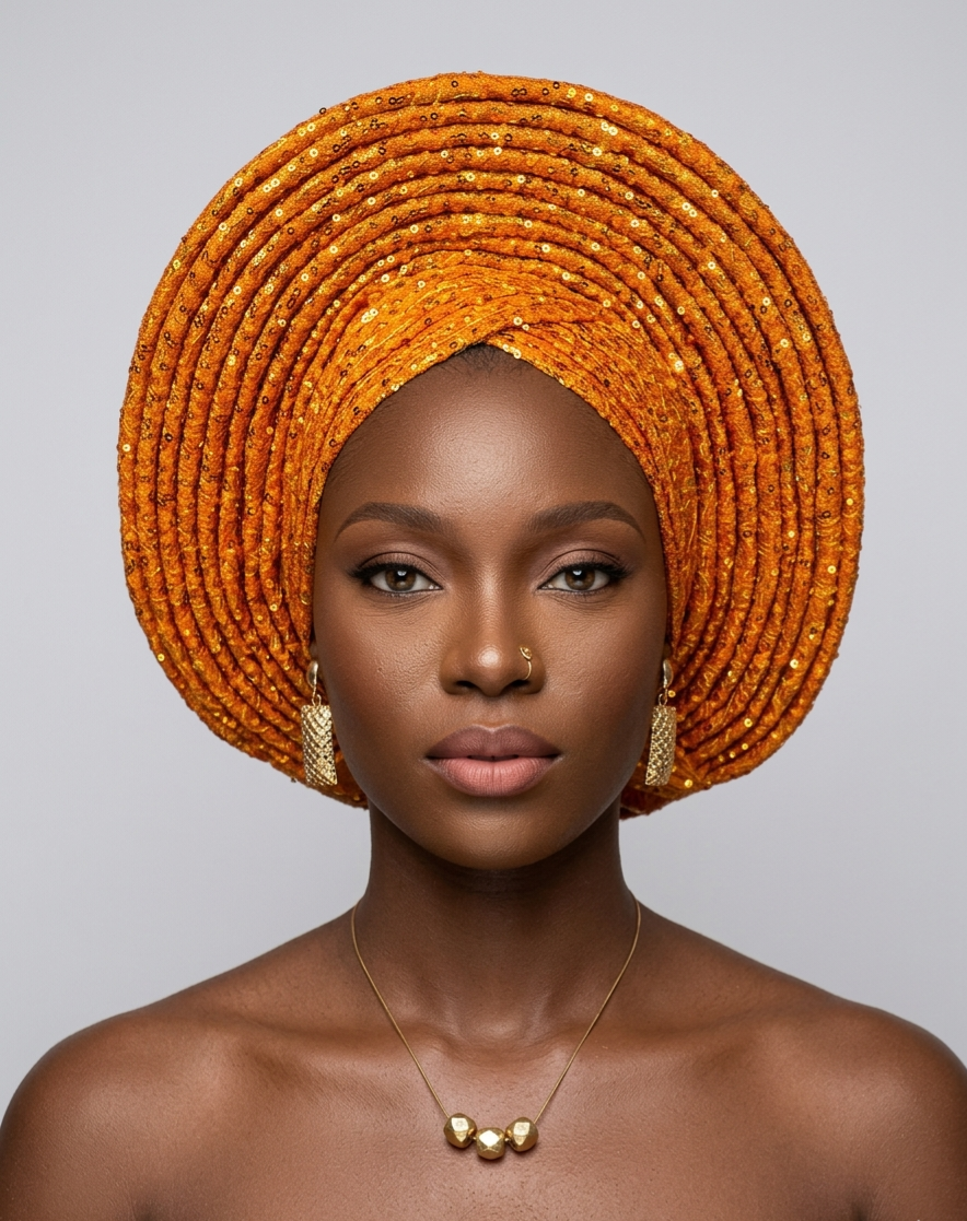 Elegant Pre-Tied Sequin Gele - Shimmering Editorial Edition