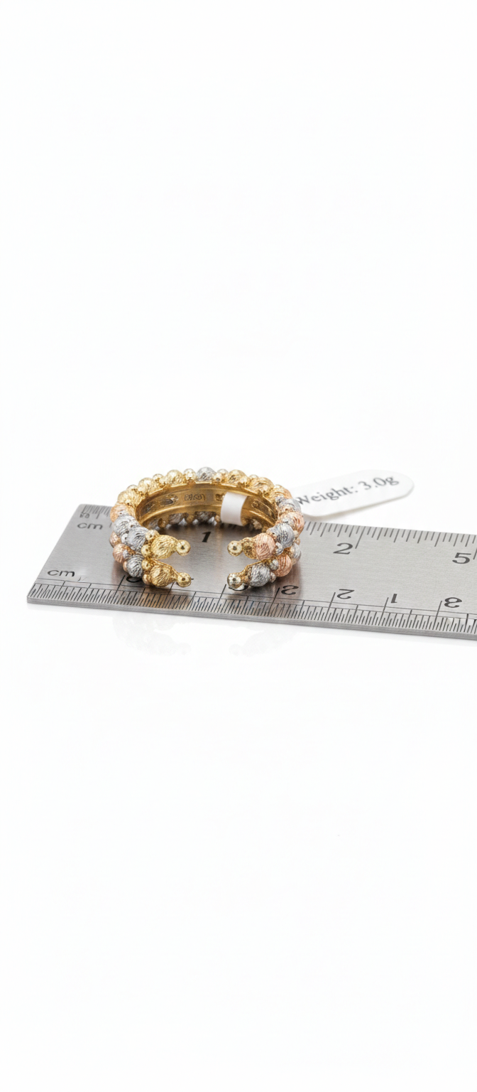 18K Solid Gold Tri-Tone Adjustable Beaded Open Ring