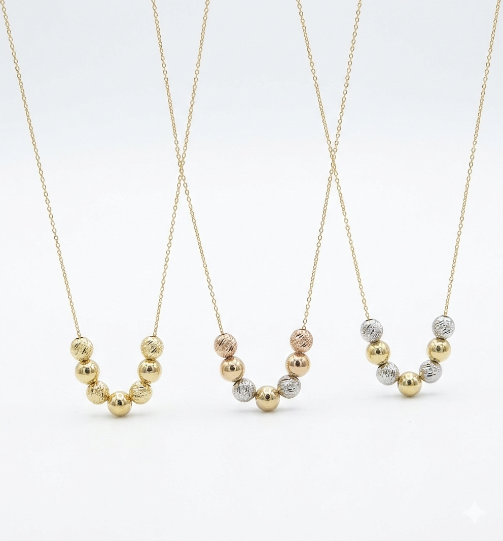 18K Gold Bead Station Necklace - Yellow & Tri-Tone Gold