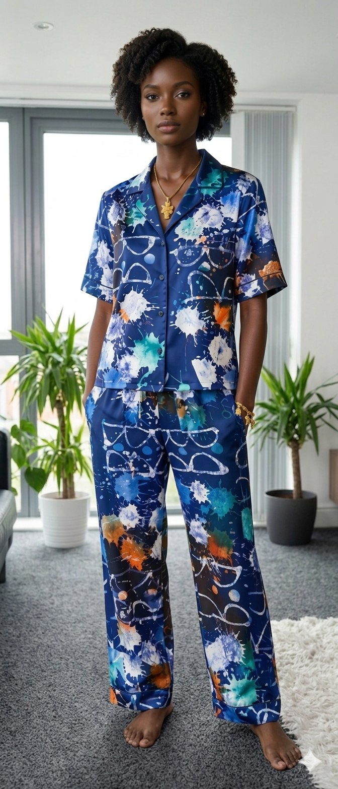 Azure Splash Silk-Finish Co-ord Set – Short Sleeve Notch Collar Shirt & Relaxed Trousers