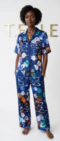 Azure Splash Silk-Finish Co-ord Set – Short Sleeve Notch Collar Shirt & Relaxed Trousers