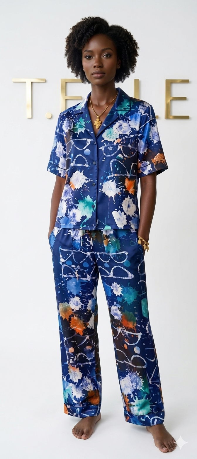 Azure Splash Silk-Finish Co-ord Set – Short Sleeve Notch Collar Shirt & Relaxed Trousers